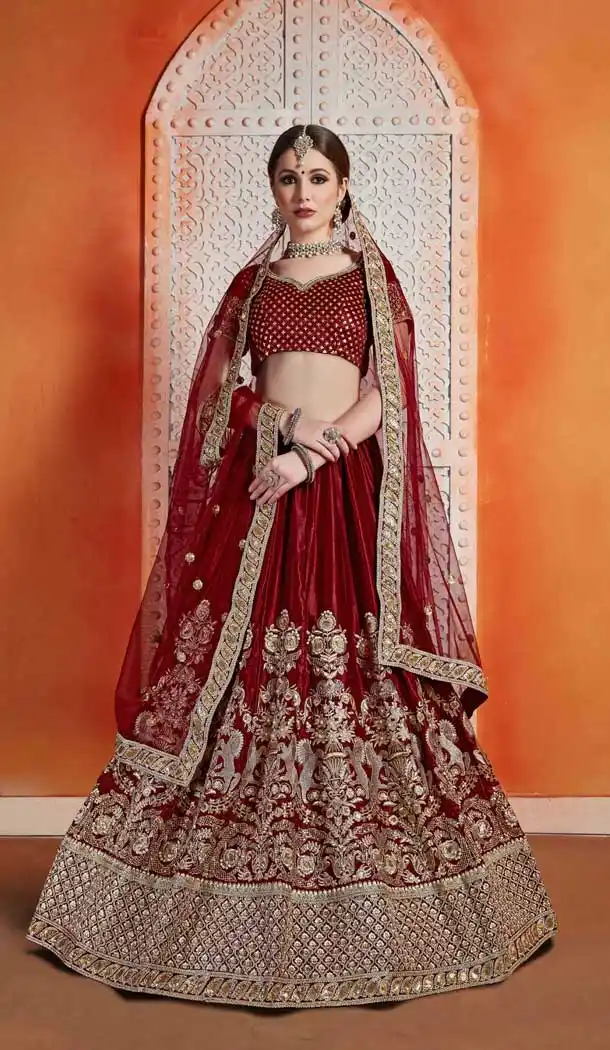 Maroon Color Semi Velvet Designer Bridal Party Wear Lehenga Choli -702123777