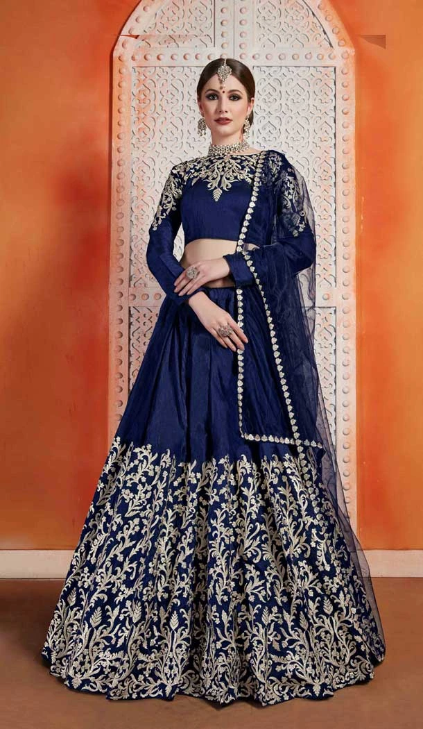 Navy Blue Color Art Silk Designer Bridal Party Wear Lehenga Choli -702123778