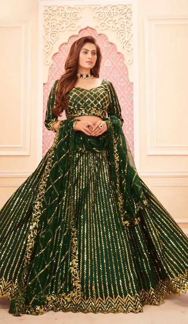 Green Color Silk Satin Traditional Party Wear Designer Lehenga Choli -705123817