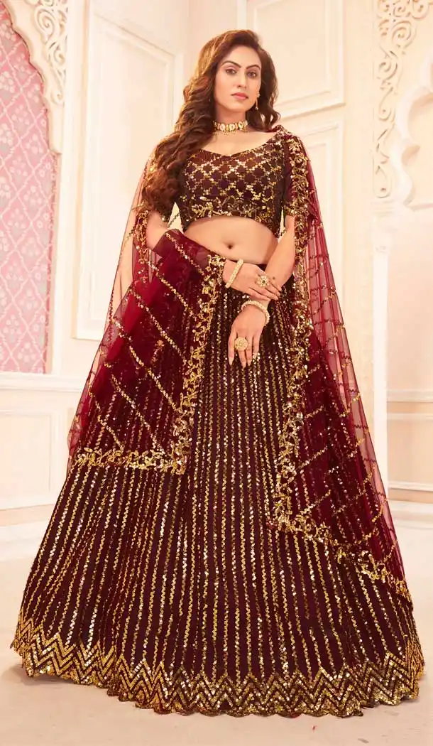 Maroon Color Silk Satin Traditional Party Wear Designer Lehenga Choli -705123818
