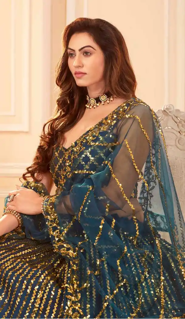 Teal Blue Color Silk Satin Traditional Party Wear Designer Lehenga Choli -705123820