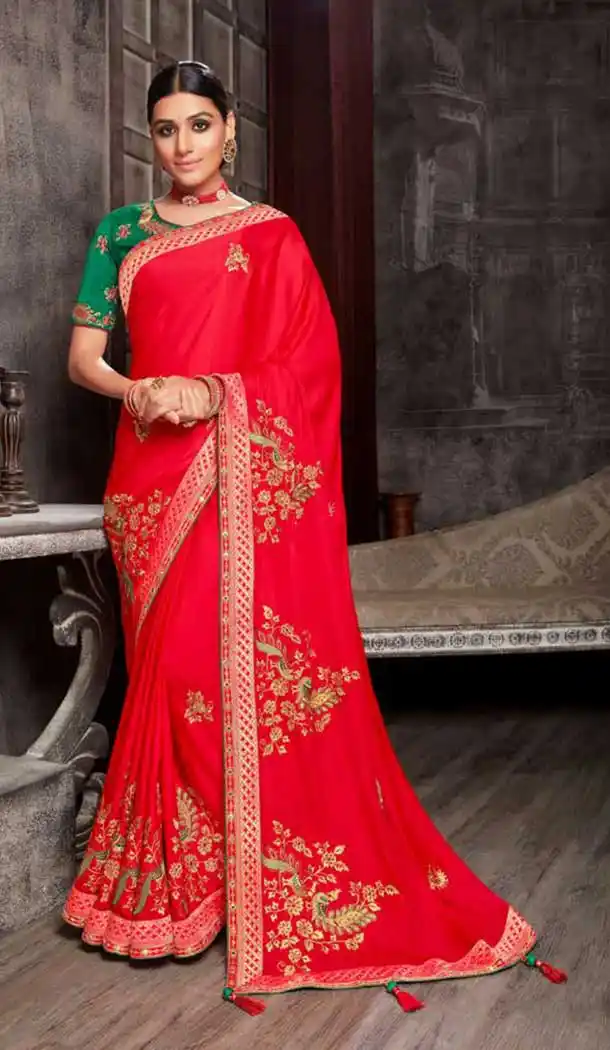 Red Color Art Silk Embroidred Designer Party Wear Saree -734124115