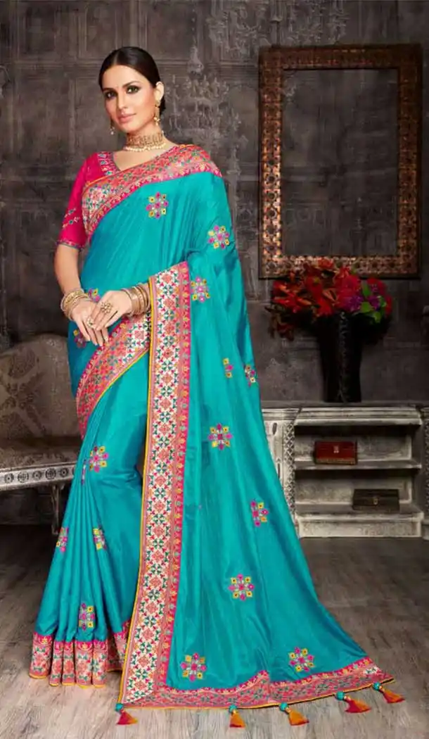 Sky Blue Color Art Silk Embroidred Designer Party Wear Saree -734124116