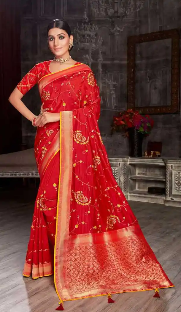 Ethnic Red Color Art Silk Embroidred Designer Party Wear Saree -734124118