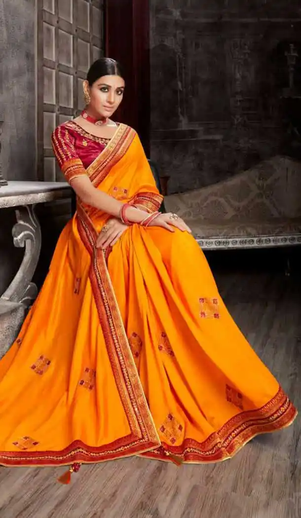 Musterd Color Art Silk Embroidred Designer Party Wear Saree -734124120