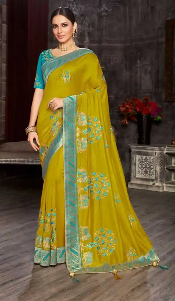 Olive Color Art Silk Embroidred Designer Party Wear Saree -734124123