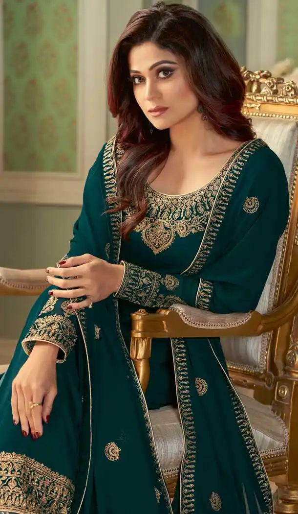 Teal Blue Color Real Georgette Heavy Designer Party Wear Salwar Suit -764124452