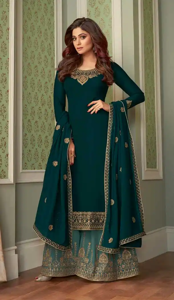 Teal Blue Color Real Georgette Heavy Designer Party Wear Salwar Suit -764124452