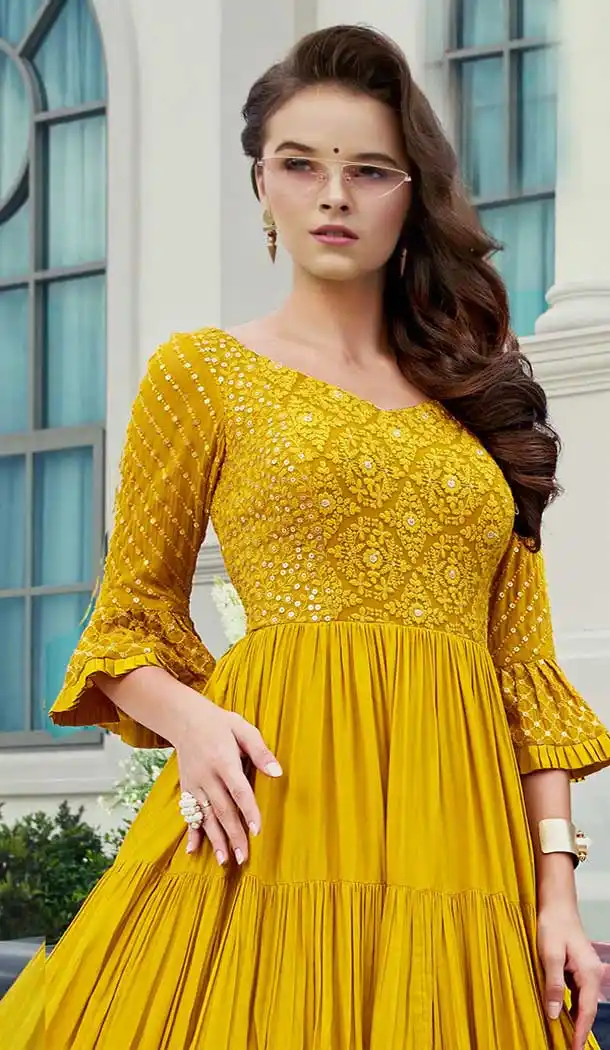 Musterd Color Heavy Soft Viscose Designer Party Wear Readymade Gown Suit -765124456