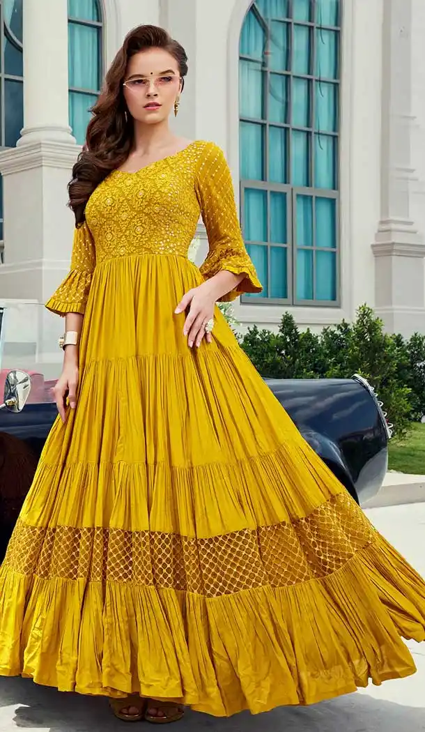 Musterd Color Heavy Soft Viscose Designer Party Wear Readymade Gown Suit -765124456