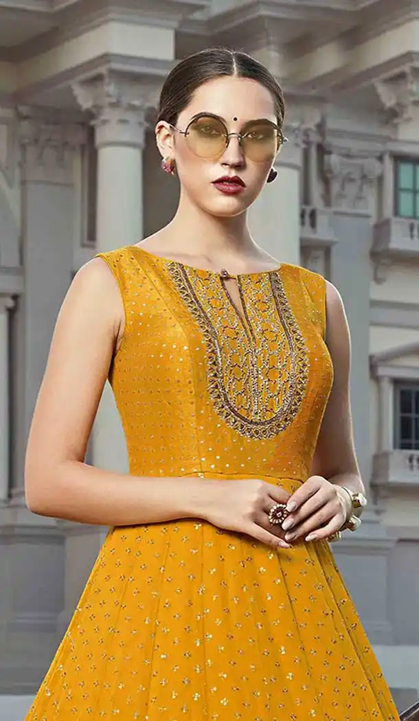 Musterd Color Heavy Soft Silk Designer Party Wear Readymade Gown Suit -765124458