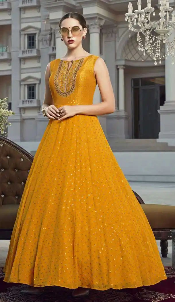Musterd Color Heavy Soft Silk Designer Party Wear Readymade Gown Suit -765124458