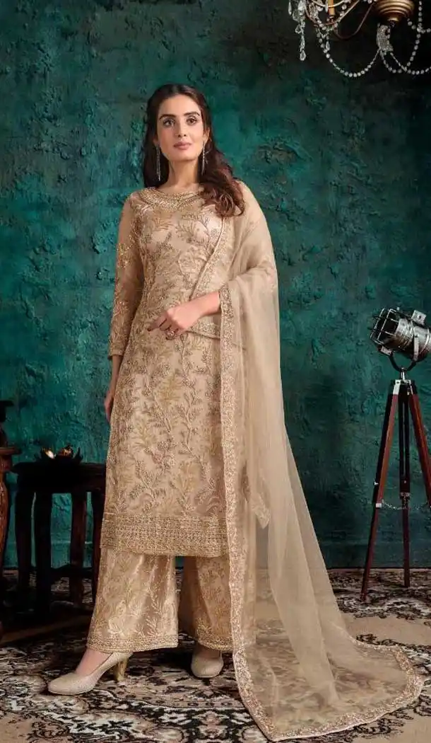 Beige Color Soft Net Designer Party Wear Pakistani Style Palazzo Suit -770124480