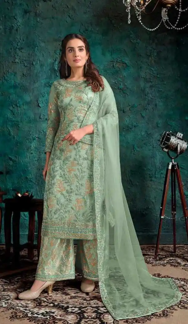 Sea Green Color Soft Net Designer Party Wear Pakistani Style Palazzo Suit -770124481
