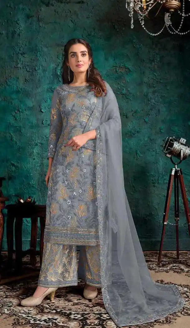 Grey Color Soft Net Designer Party Wear Pakistani Style Palazzo Suit -770124482