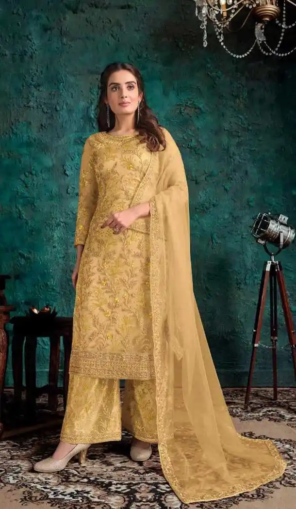 Yellow Color Soft Net Designer Party Wear Pakistani Style Palazzo Suit -770124487