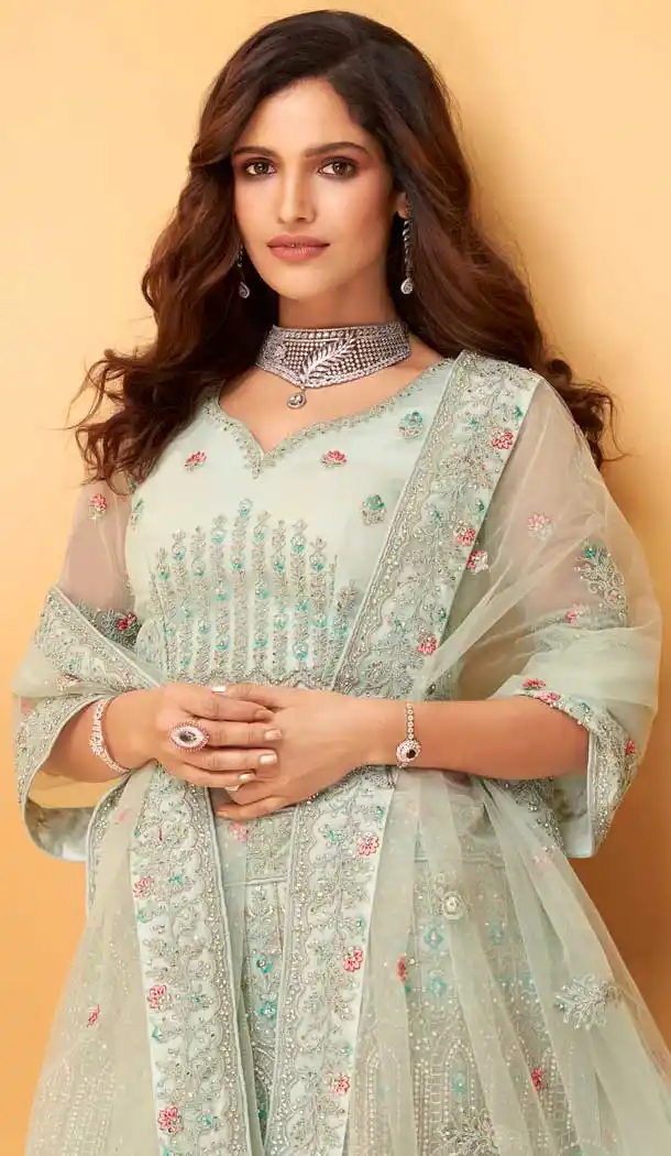 Glacial Green Color Net Hand Worked Designer Bridal Wear Lehenga Choli -775124513