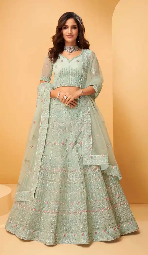 Glacial Green Color Net Hand Worked Designer Bridal Wear Lehenga Choli -775124513