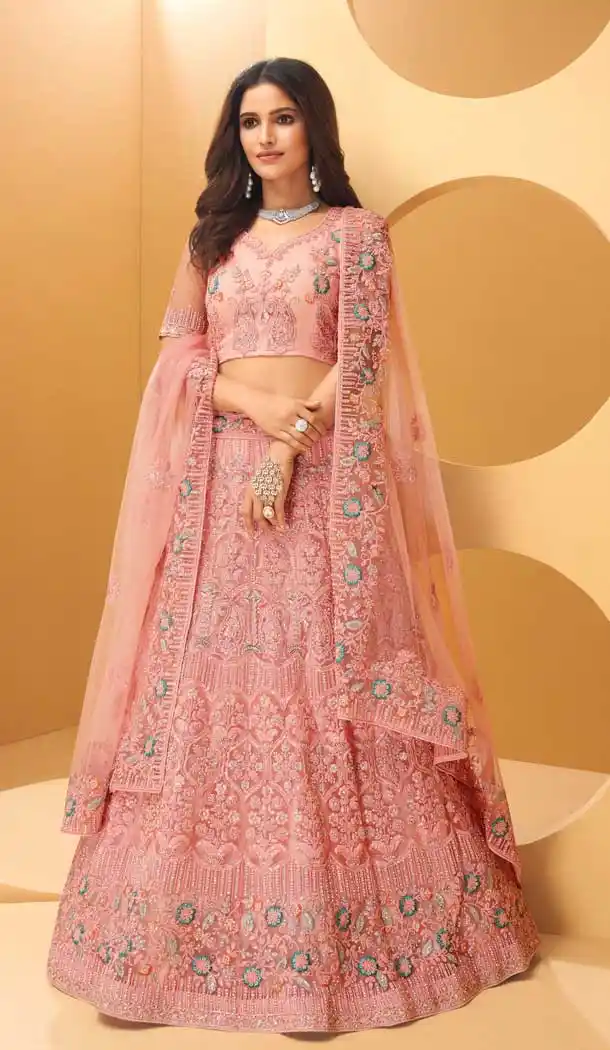 Rose Pink Color Net Hand Worked Designer Bridal Wear Lehenga Choli -775124514