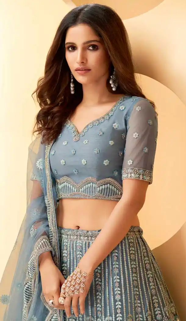 Steel Blue Color Net Hand Worked Designer Bridal Wear Lehenga Choli -775124515