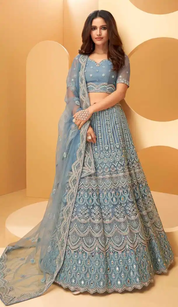 Steel Blue Color Net Hand Worked Designer Bridal Wear Lehenga Choli -775124515