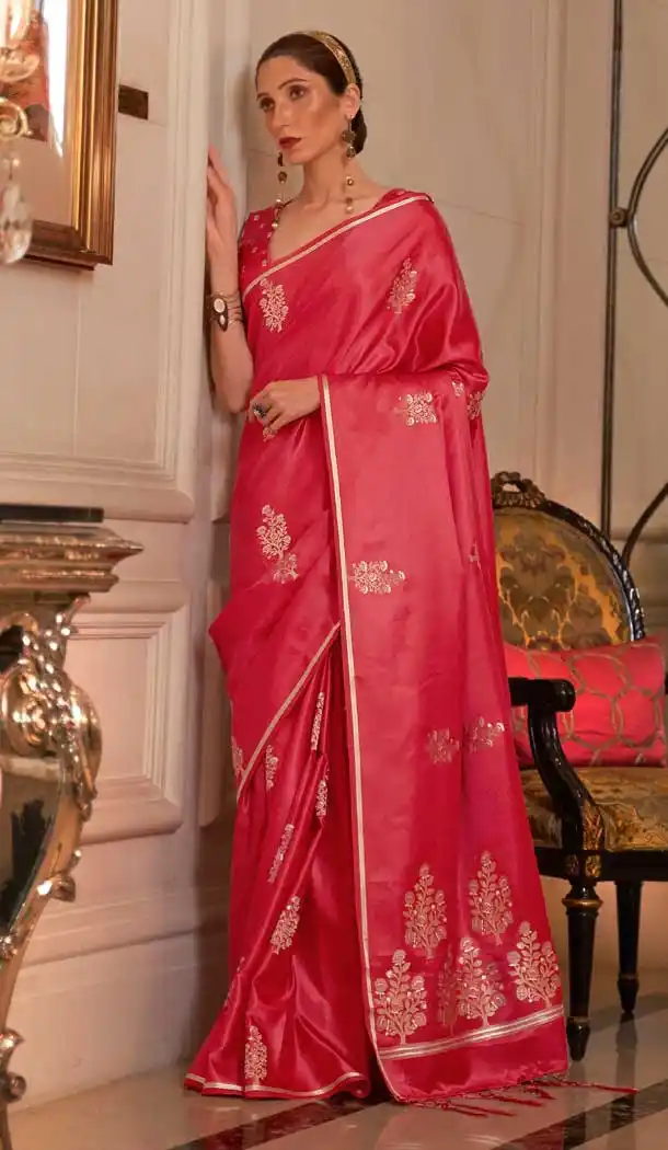Redish Pink Color Pure Satin Weaving Silk Casual Party Wear Saree -779124549