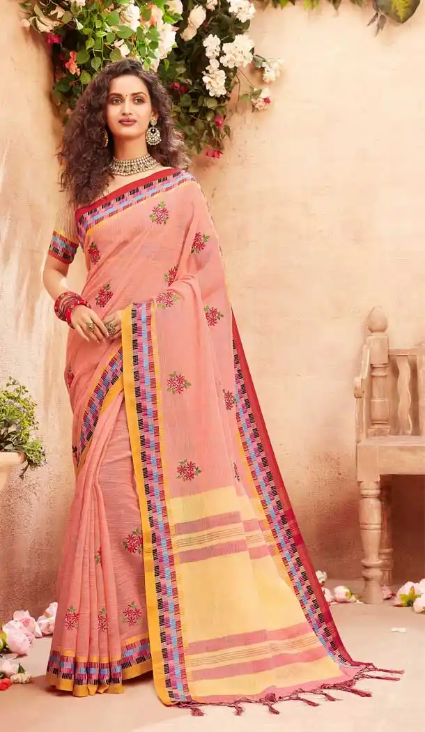 Peach Color Linen Cotton Embroidered Casual Party Wear Saree Blouse -786124603