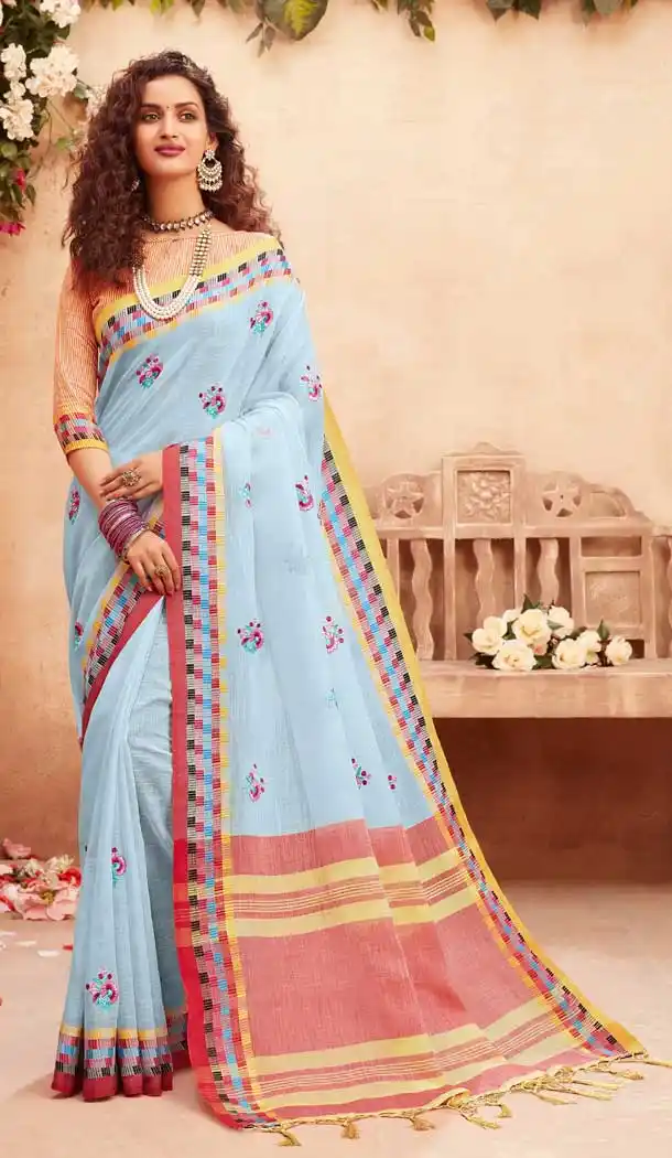 Sky Blue Color Linen Cotton Embroidered Casual Party Wear Saree Blouse -786124604