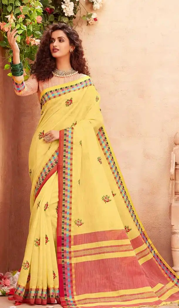 Yellow Color Linen Cotton Embroidered Casual Party Wear Saree Blouse -786124605