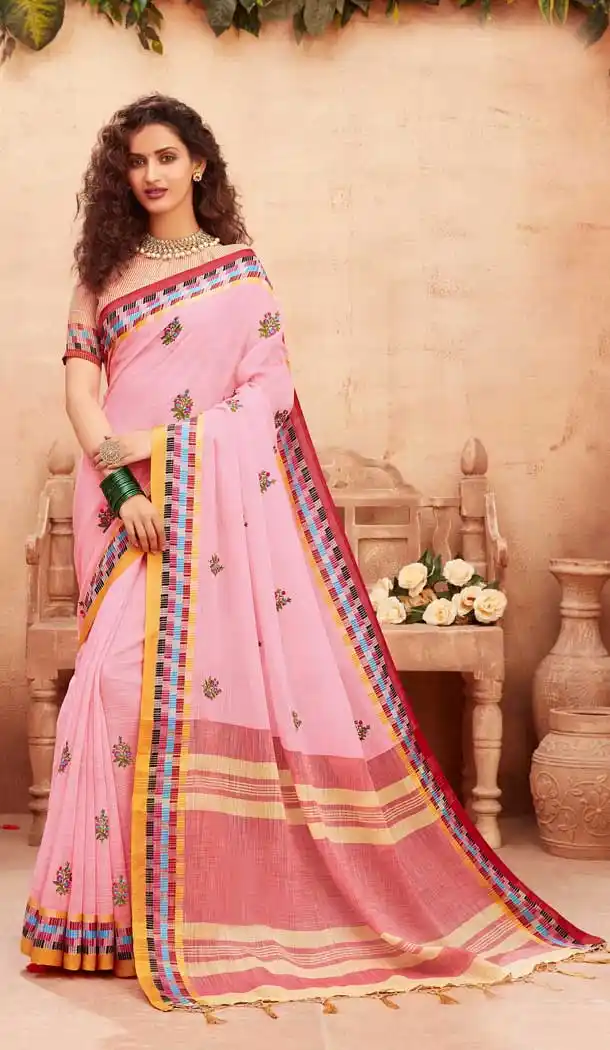 Light Pink Color Linen Cotton Embroidered Casual Party Wear Saree Blouse -786124606