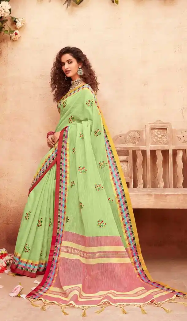 Light Green Color Linen Cotton Embroidered Casual Party Wear Saree Blouse -786124607