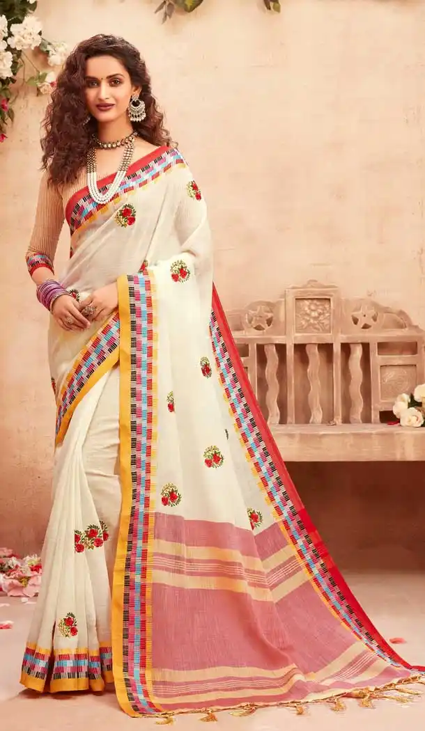 Off White Color Linen Cotton Embroidered Casual Party Wear Saree Blouse -786124608