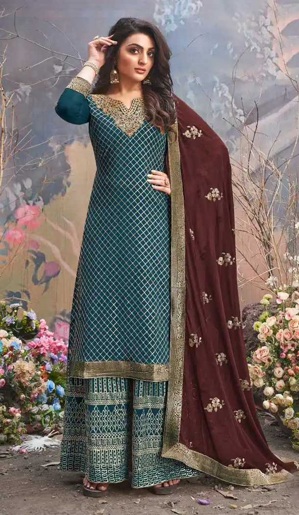 Blue Color Upada Silk Designer Pakistani Style Eid Wear Palazzo Suit -790124637