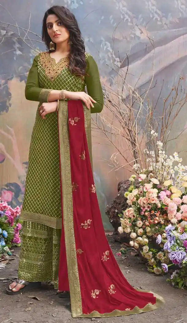 Green Color Upada Silk Designer Pakistani Style Eid Wear Palazzo Suit -790124638