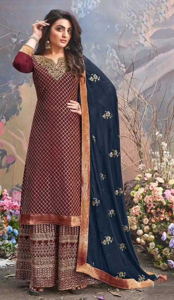 Maroon Color Upada Silk Designer Pakistani Style Eid Wear Palazzo Suit -790124639