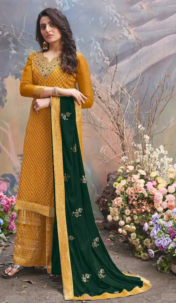 Mustard Color Upada Silk Designer Pakistani Style Eid Wear Palazzo Suit -790124640