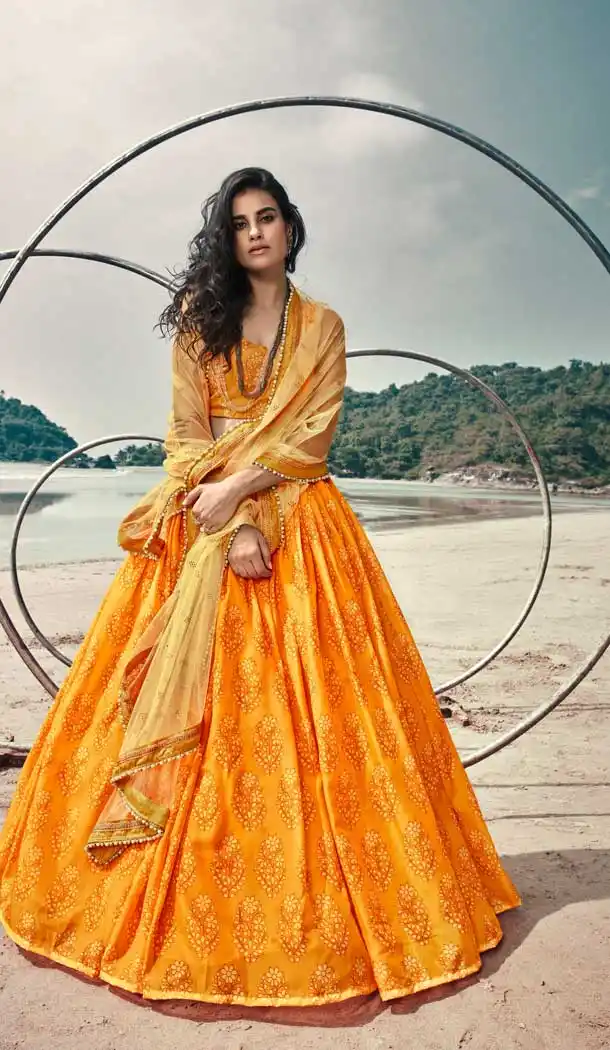 Musterd Color Organza Printed Designer Party Wear Lehenga Choli -794124657