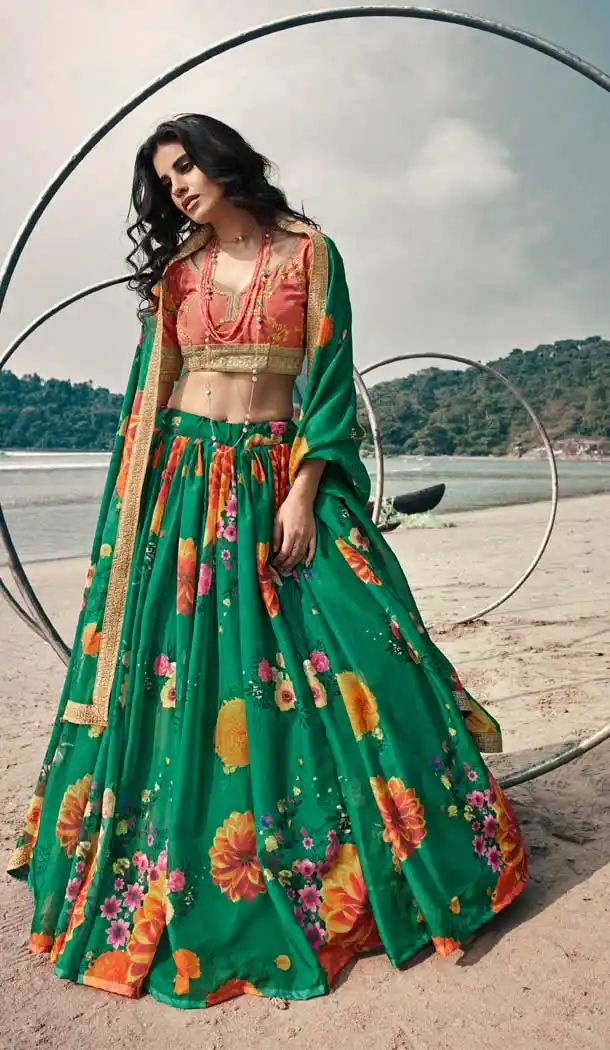 Rama Green Color Organza Printed Designer Party Wear Lehenga Choli -794124660