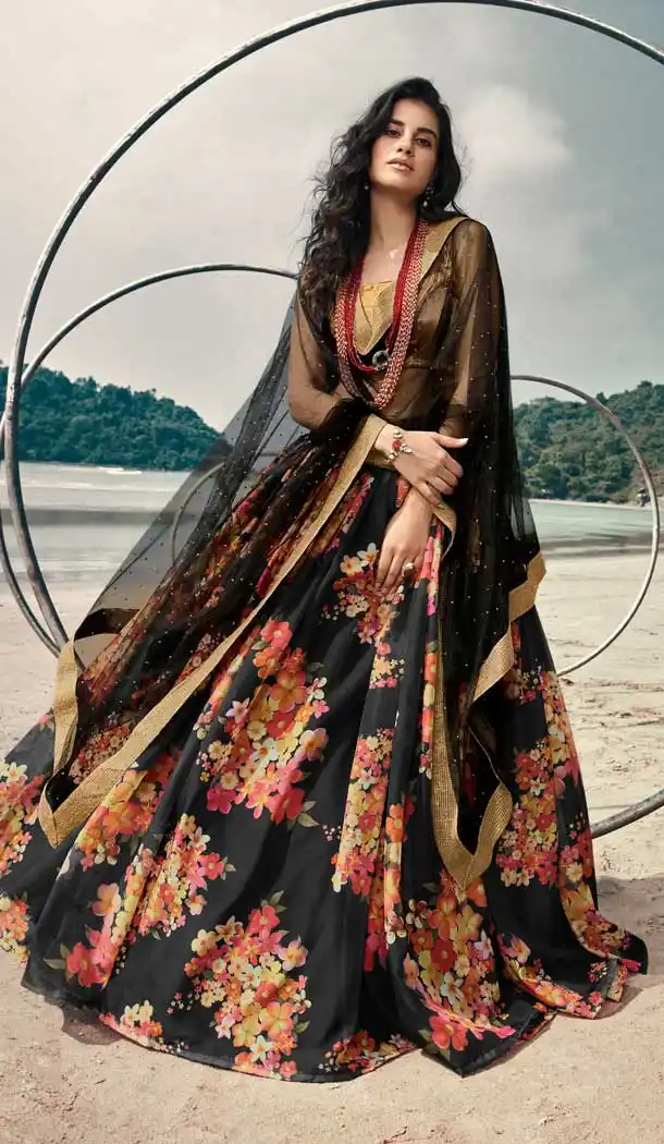 Black Color Organza Printed Designer Party Wear Lehenga Choli -794124662