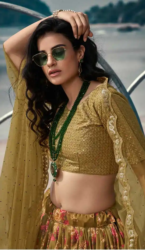 Olive Green Color Organza Printed Designer Party Wear Lehenga Choli -794124663