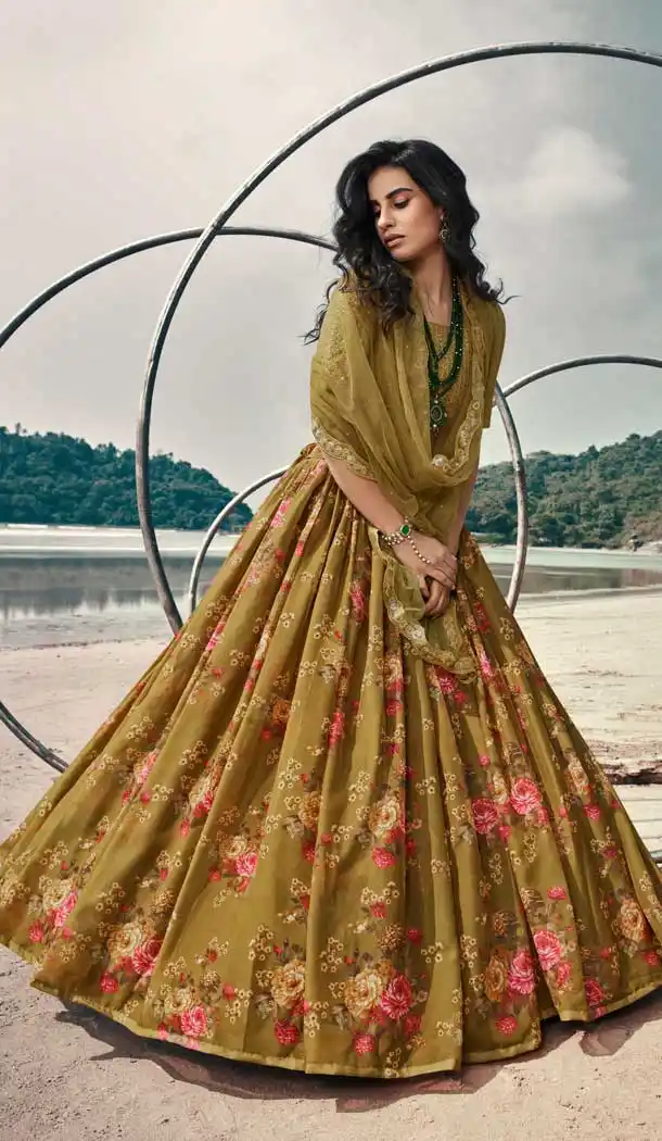 Olive Green Color Organza Printed Designer Party Wear Lehenga Choli -794124663