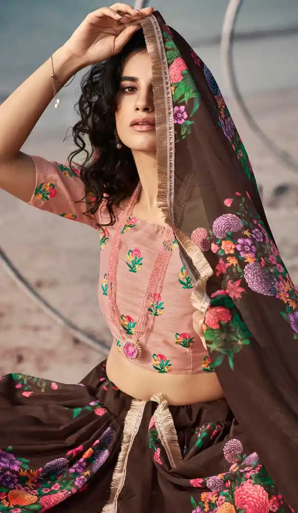 Brown Color Organza Printed Designer Party Wear Lehenga Choli -794124664