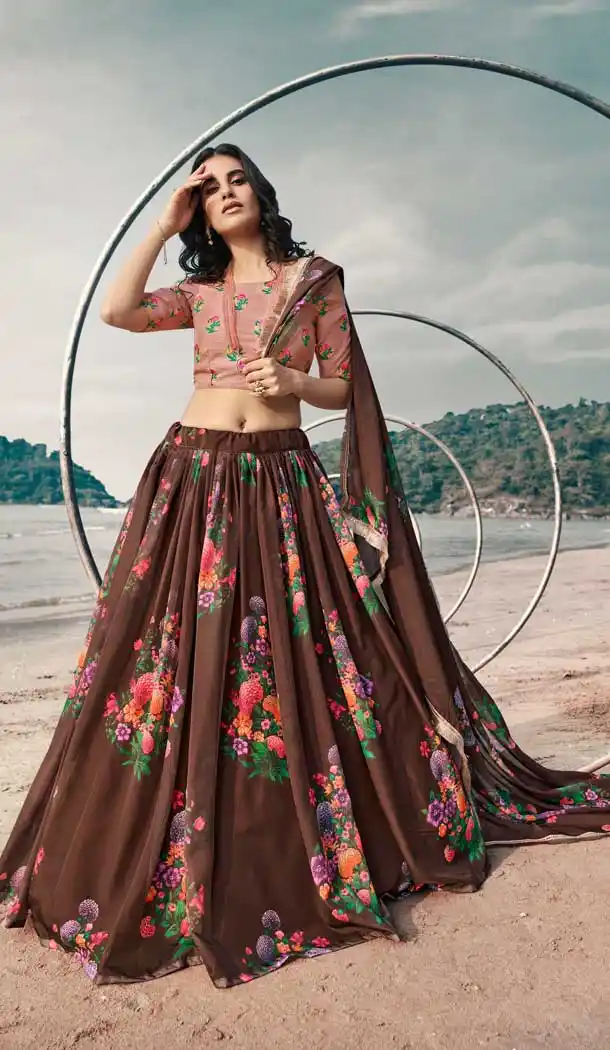 Brown Color Organza Printed Designer Party Wear Lehenga Choli -794124664