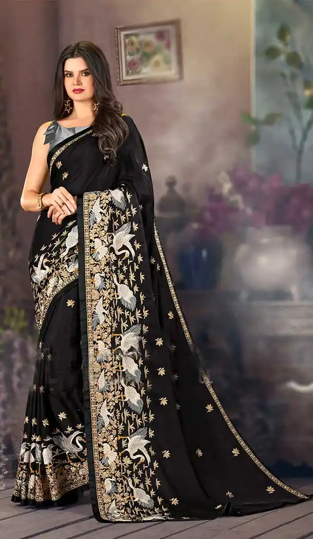 Black Color Heritage Satin Heavy Embroidered Party Wear Saree Blouse -796124677