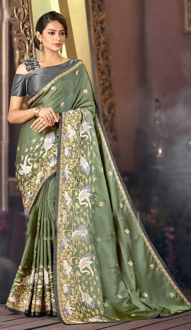 Earth Green Color Heritage Satin Heavy Embroidered Party Wear Saree Blouse -796124678