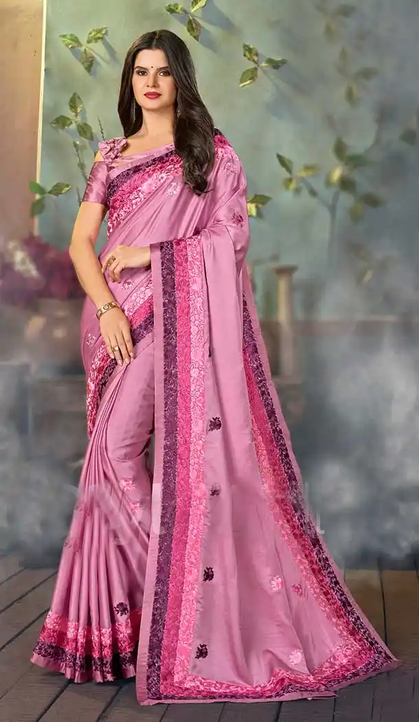 Rich Pink Color Heritage Satin Heavy Embroidered Party Wear Saree Blouse -796124679