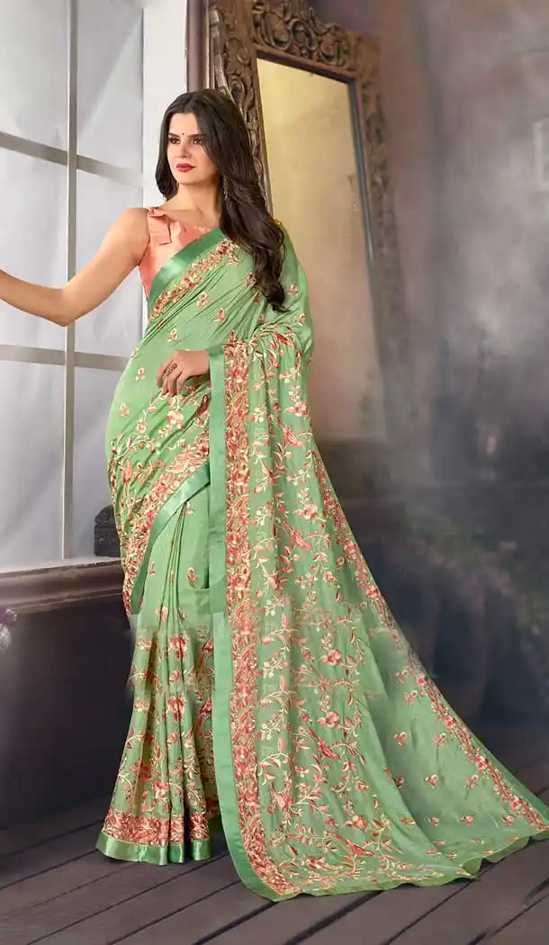 Pista Color Heritage Satin Heavy Embroidered Party Wear Saree Blouse -796124681