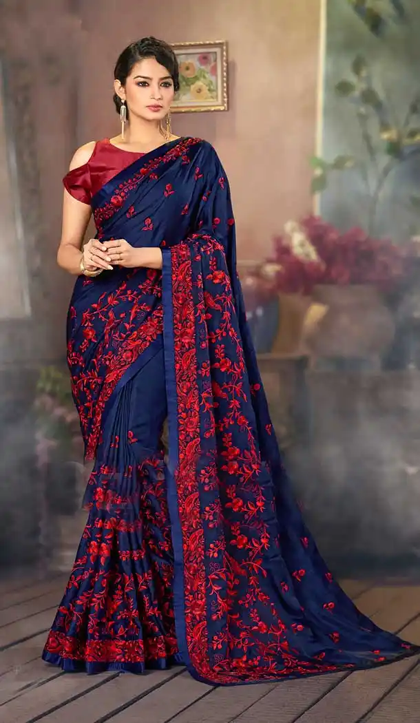 Rich Navy Blue Color Heritage Satin Heavy Embroidered Party Wear Saree Blouse -796124682