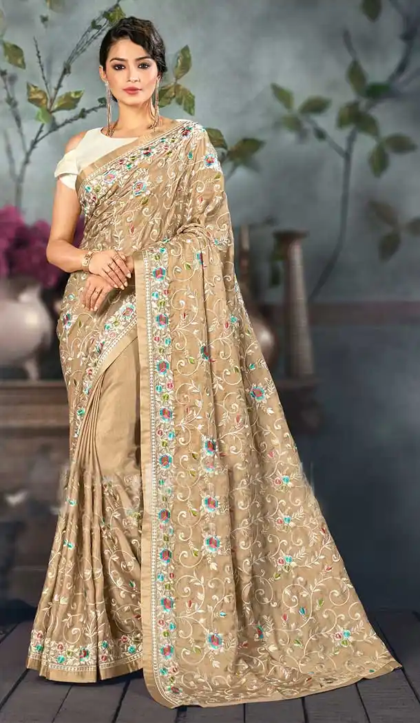 Beige Color Heritage Satin Heavy Embroidered Party Wear Saree Blouse -796124683