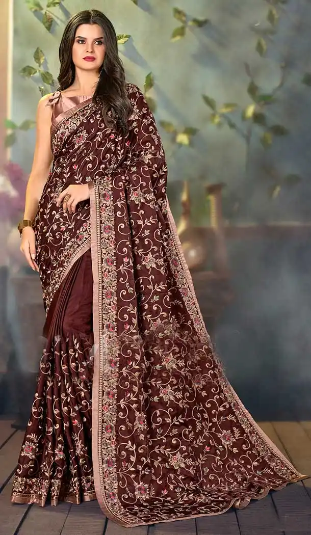 Rich Brown Color Heritage Satin Heavy Embroidered Party Wear Saree Blouse -796124684